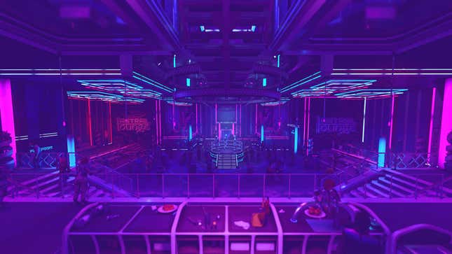 The Astral Lounge bathed in blue, pink, and purple neon lights with a large dance floor at the center. 