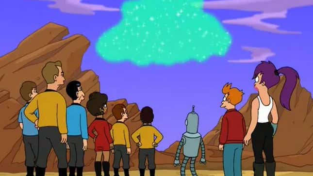 A screenshot shows the Star Trek cast and Futurama crew looking at a green cloud of gas. 