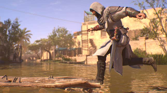 A screenshot shows an assassin in a white robe leaping across a river. 