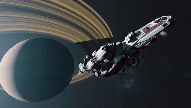 A space ship flies away from Saturn.