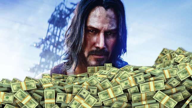 A screenshot of Keanu Reeves from Cyberpunk 2077 standing behind large pile of money.
