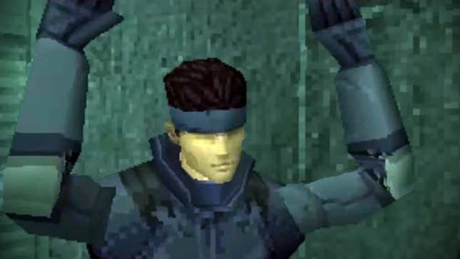 Solid Snake raises his hands in Metal Gear Solid.