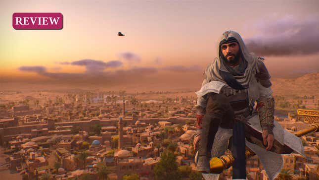 A screenshot shows an assassin in a white robe crouching high above a city. 