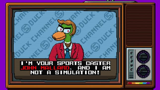 A duck in a suit delivers a news report on a television.