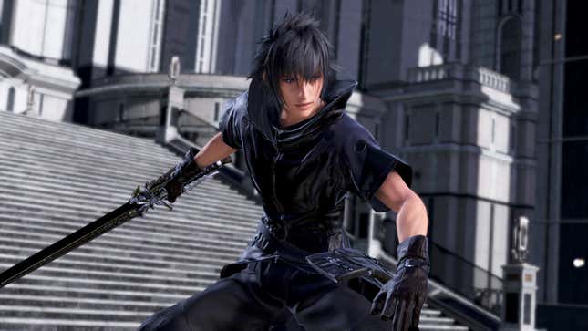 Noctis is shown in a fighting stance at the bottom of a staircase.
