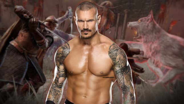 An image shows WWE superstar Randy Orton standing in the middle of an Elden Ring battle. 