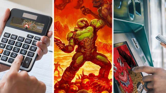 A collage shows people playing Doom on a calculator and ATM.