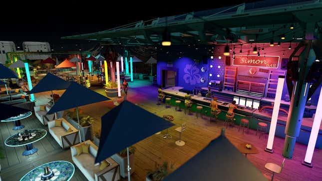 An overhead shot of Chez Simon shows its blue and pink neon lighting, hibiscus flower decal, and ample seating.