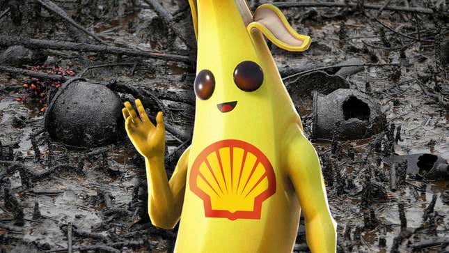 A photoshopped image shows Peely from Fortnite standing in front of an oil spill. 
