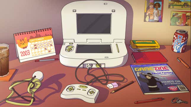 Artwork from the game Videoverse shows the fictional Kinmoku Shark on a cluttered desktop with a calendar, some cartridges, a gaming magazine, and other stuff.