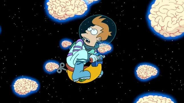 A screenshot shows Fry riding a small bike in space. 