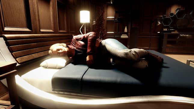 Sarah sleeps on a bed in Starfield.
