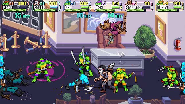 The turtles are joined by Casey Jones and Splinter as they brawl against Foot Clan in an art museum.