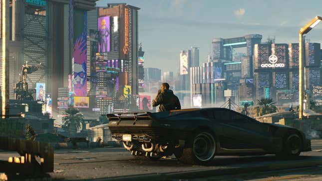 A Cyberpunk 2077 character stands in front of a car.