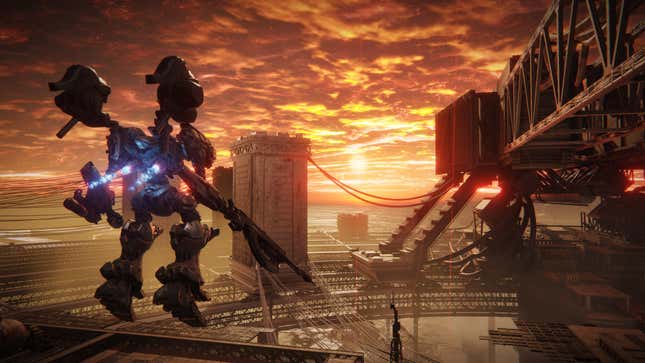 A mech hovers over a platform as the sun sets. 