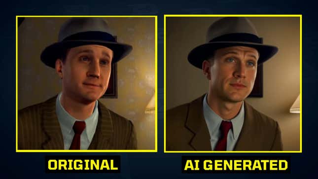 A screenshot show's Corridor Digital's AI generated image of Detective Cole Phelps from LA Noire beside his original character render. 