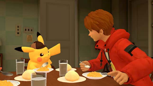 Pikachu and a kid eat some food at a table.